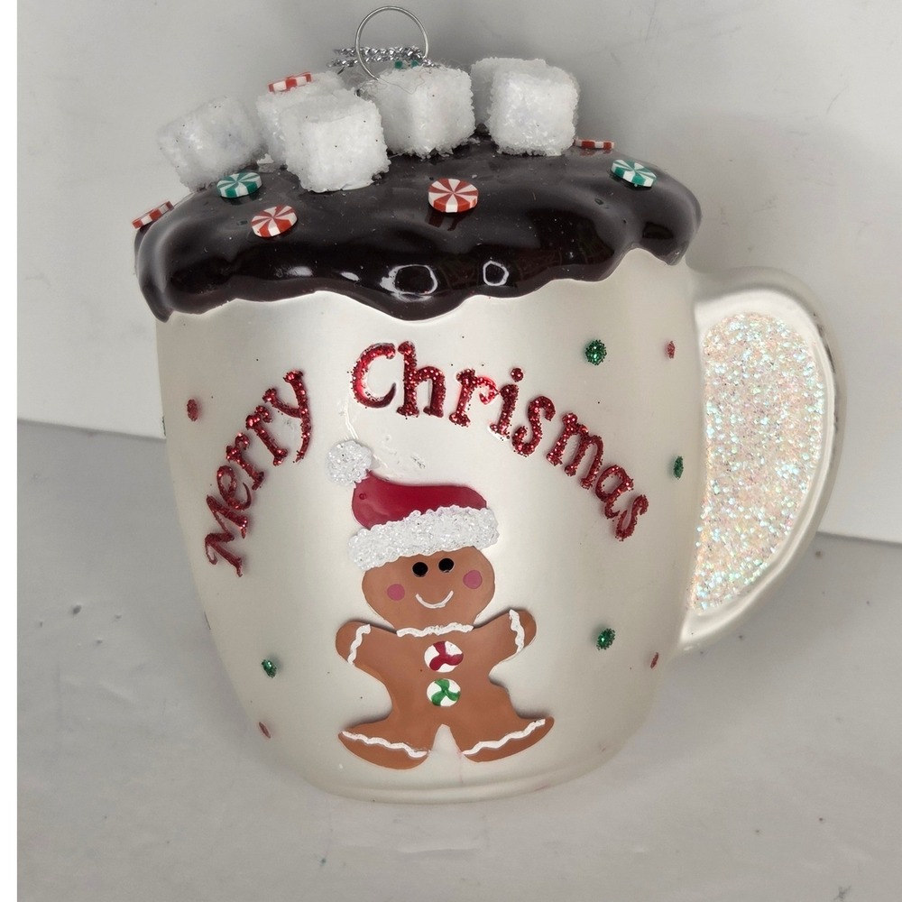 Gingerbread Hot Cocoa Mug Glass Christmas Ornament Marshmallows Peppermint